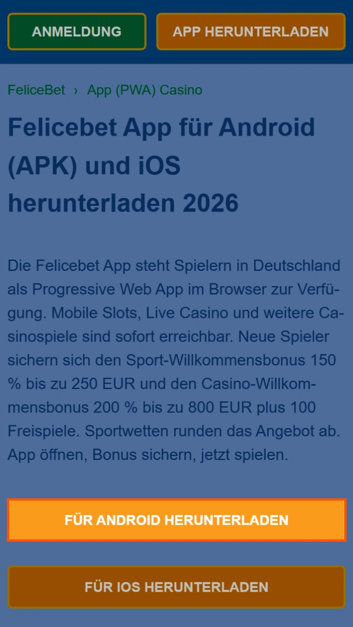 Installieren Sie ganz einfach die benutzerfreundliche Felicebet-App für Android.
