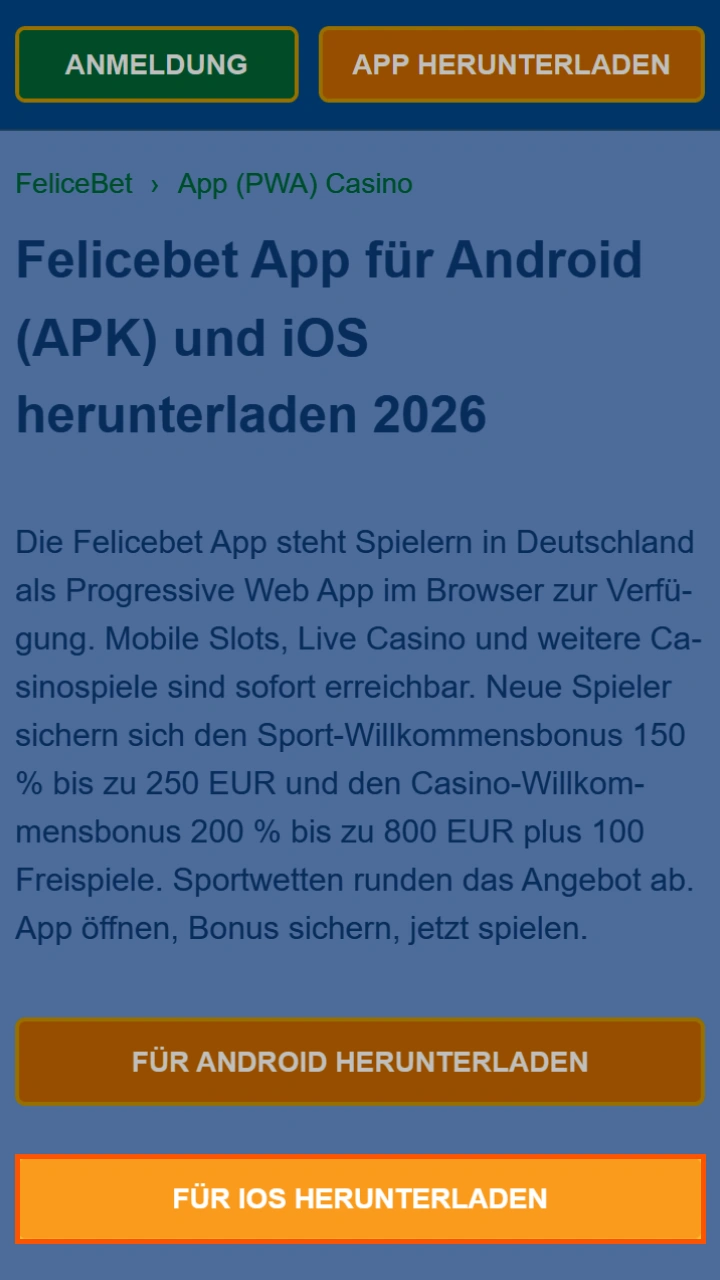 Nutzen Sie die Premium-App Felicebet direkt im Browser Ihres iOS-Geräts.