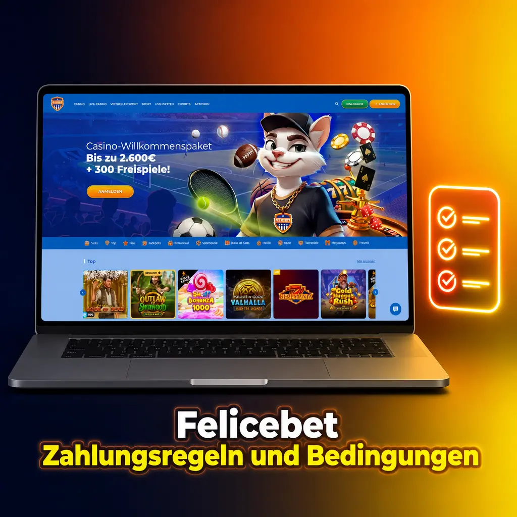 Felicebet Zahlungsregeln: Verifizierung, gleiche Zahlungsmethode, ein Konto pro Spieler, Bonusbedingungen, Mindestalter 18 Jahre.
