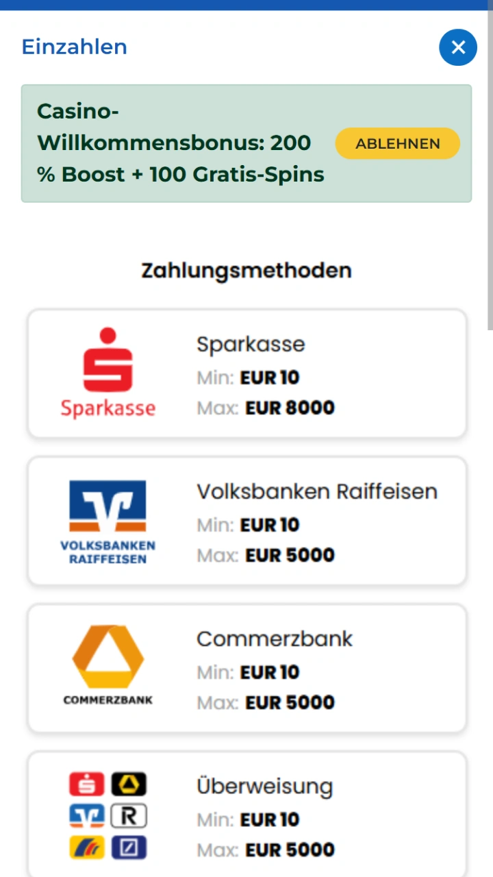 Wählen Sie Ihre bevorzugte Zahlungsmethode, um Ihr Felicebet-Konto einfach aufzuladen.